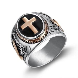 New stylish titanium steel men's Christian prayer cross finger ring, gold-plated jewelry