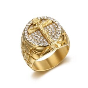 Hip-hop style 18K gold Jesus cross waterproof and colorfast gold-plated stainless steel jewelry ring for men