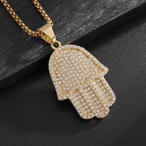 Trendy Hip Hop Cube Zirconia Jewelry Stainless Steel Fatima Pendant Necklace